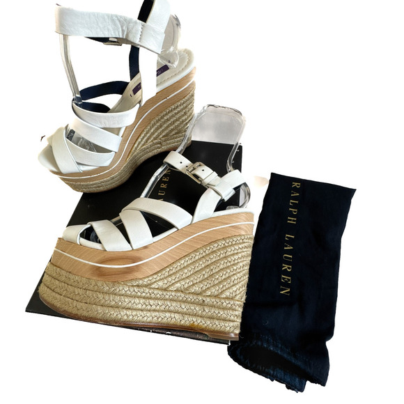 Ralph Lauren Purple Label Erin Espadrille Wedge Platform White Leather 37.5 - Picture 2 of 16